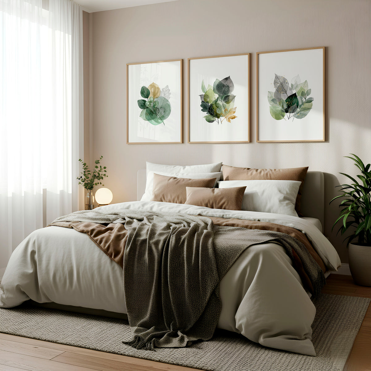 Leaves Artwork | Watercolour Green & Ochre Botanical wall art displayed on a wall in a styled room — view 3
