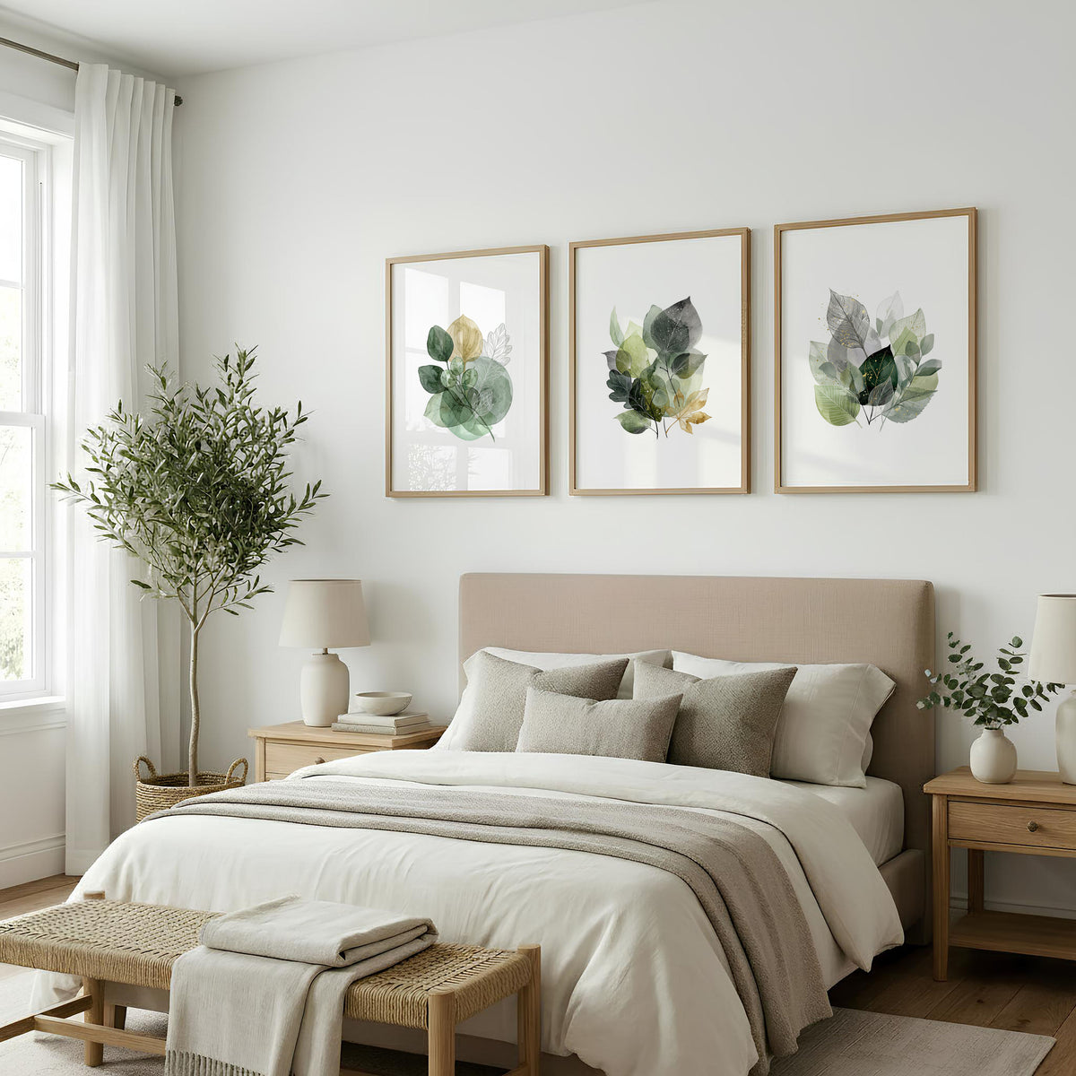 Leaves Artwork | Watercolour Green & Ochre Botanical wall art displayed on a wall in a styled room — view 6