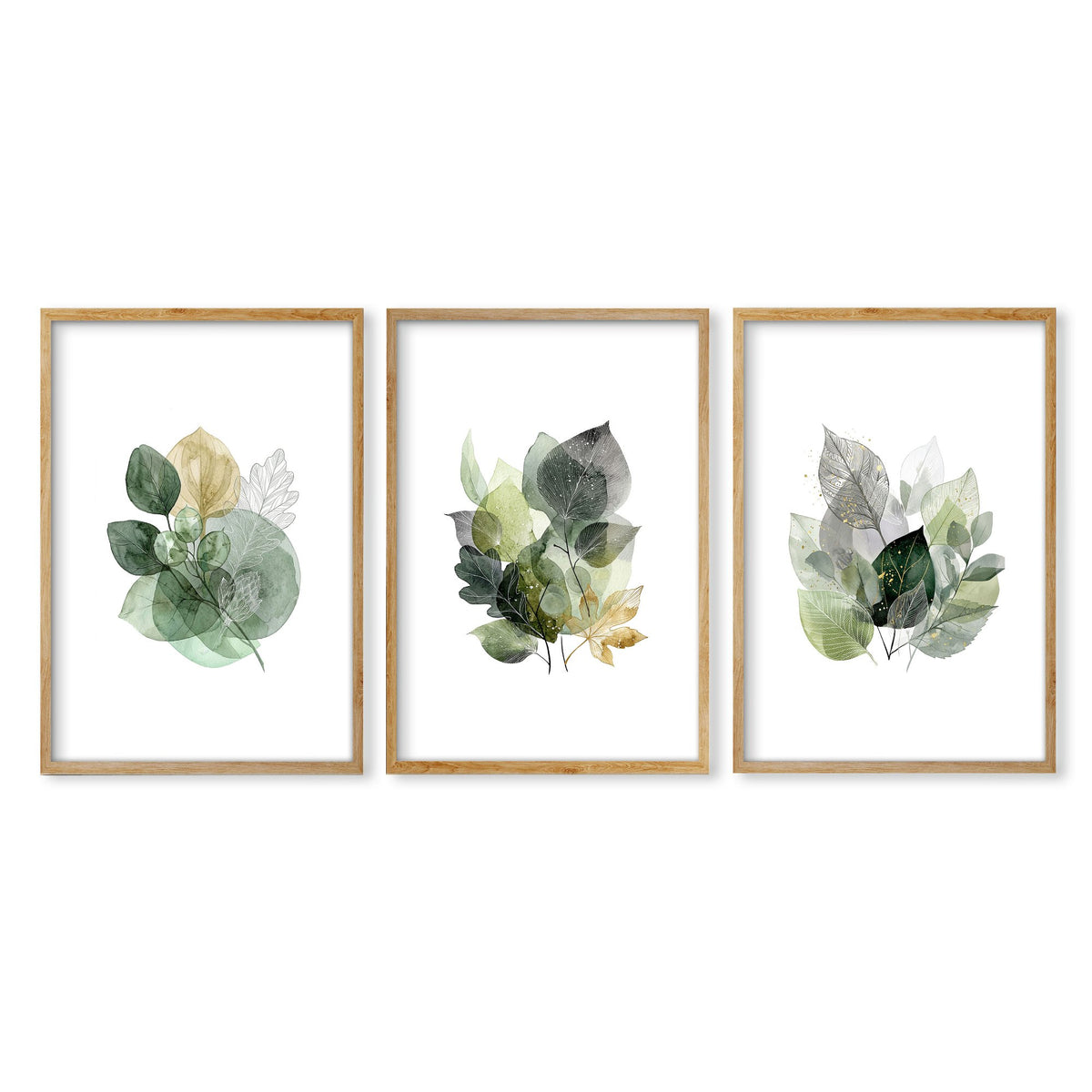 Leaves Artwork | Watercolour Green & Ochre Botanical wall art in an oak frame