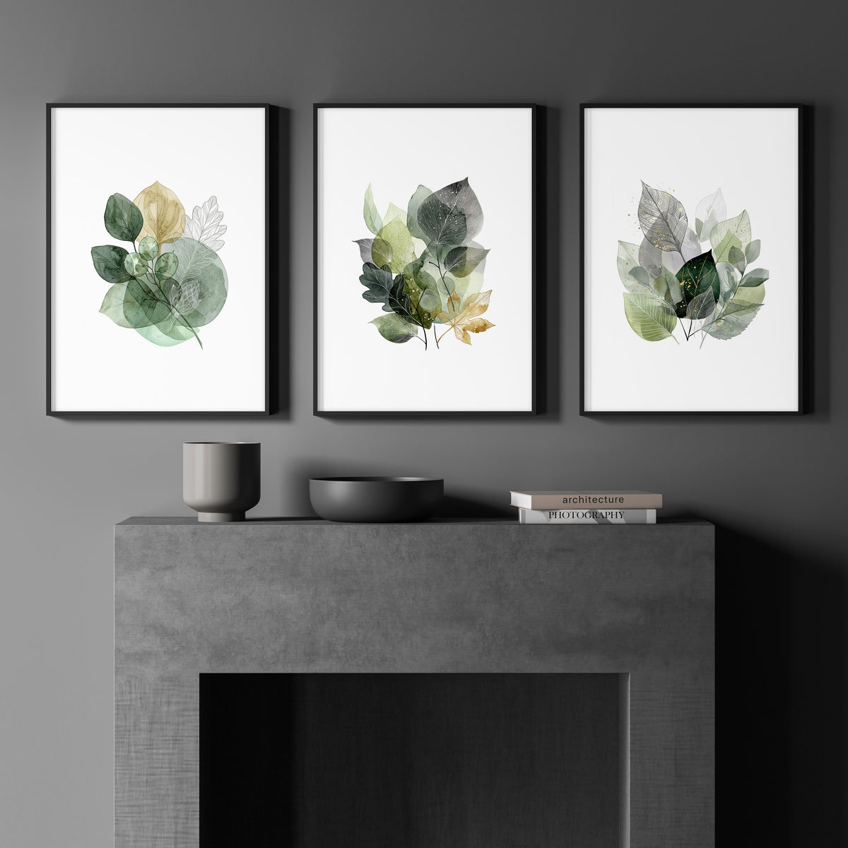 Leaves wall art Watercolour Botanical Green & Gold-Tone Wall Art displayed on a wall in a styled room — view 2