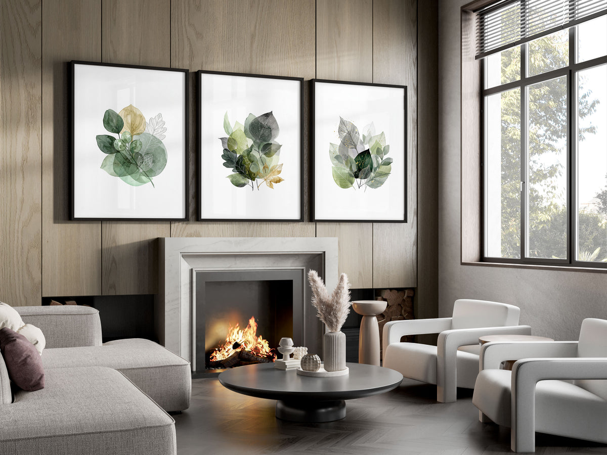 Leaves wall art Watercolour Botanical Green & Gold-Tone Wall Art displayed on a wall in a styled room — view 5