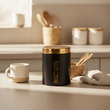 Liberty Black Enamel Biscuit Canister with Gold Lid