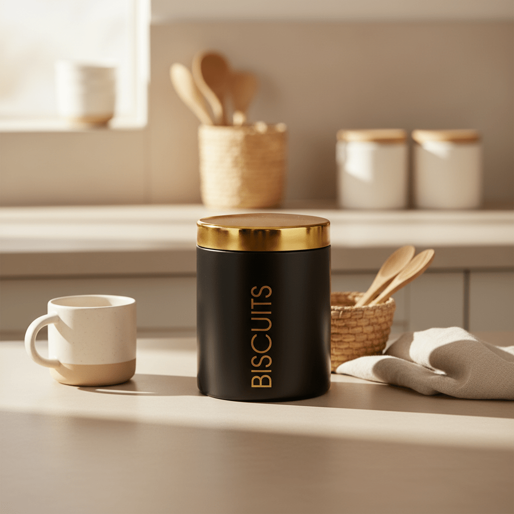 Liberty Black Enamel Biscuit Canister with Gold Lid