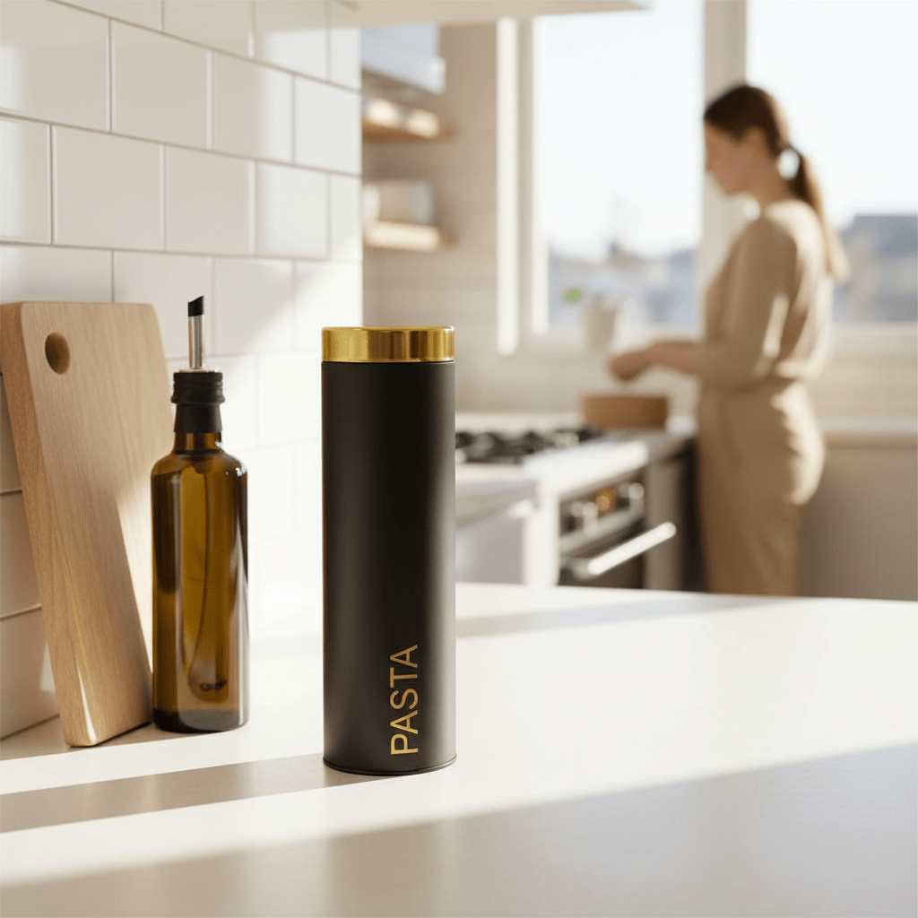 Liberty Black Enamel Pasta Canister With Gold Lid