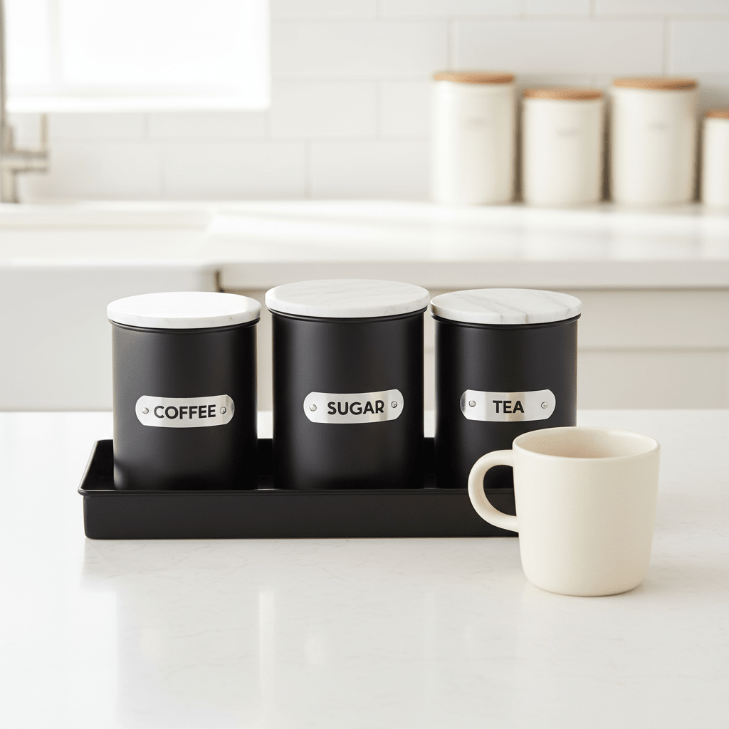 Liberty Black Enamel Sugar Canister With White Marble Lid