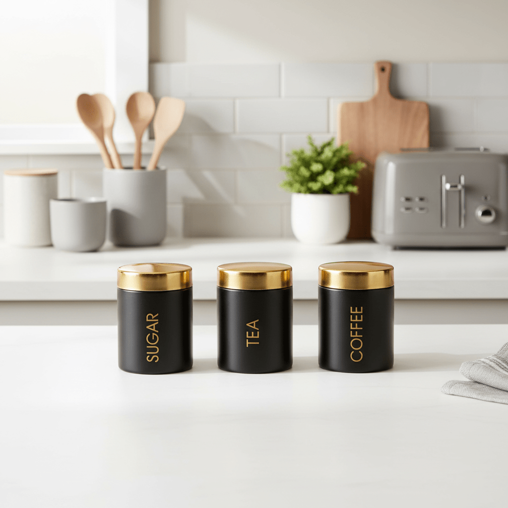 Liberty Set Of 3 Black Enamel Tea Coffee And Sugar Canisters