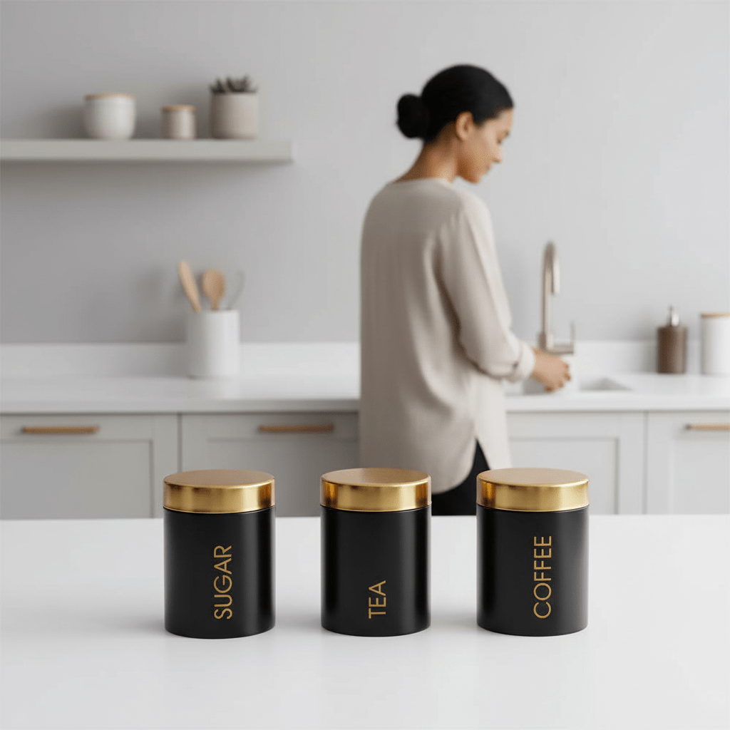 Liberty Set Of 3 Black Enamel Tea Coffee And Sugar Canisters