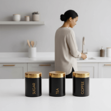 Liberty Set Of 3 Black Enamel Tea Coffee And Sugar Canisters