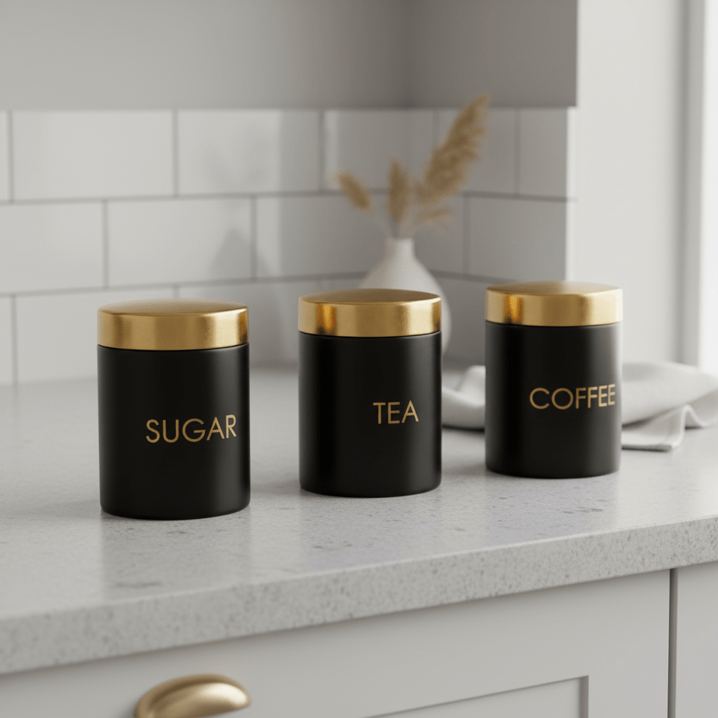 Liberty Set Of 3 Black Enamel Tea Coffee And Sugar Canisters