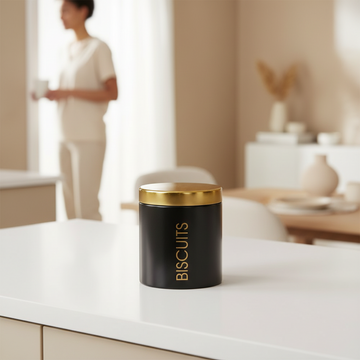 Liberty Black Enamel Biscuit Canister with Gold Lid