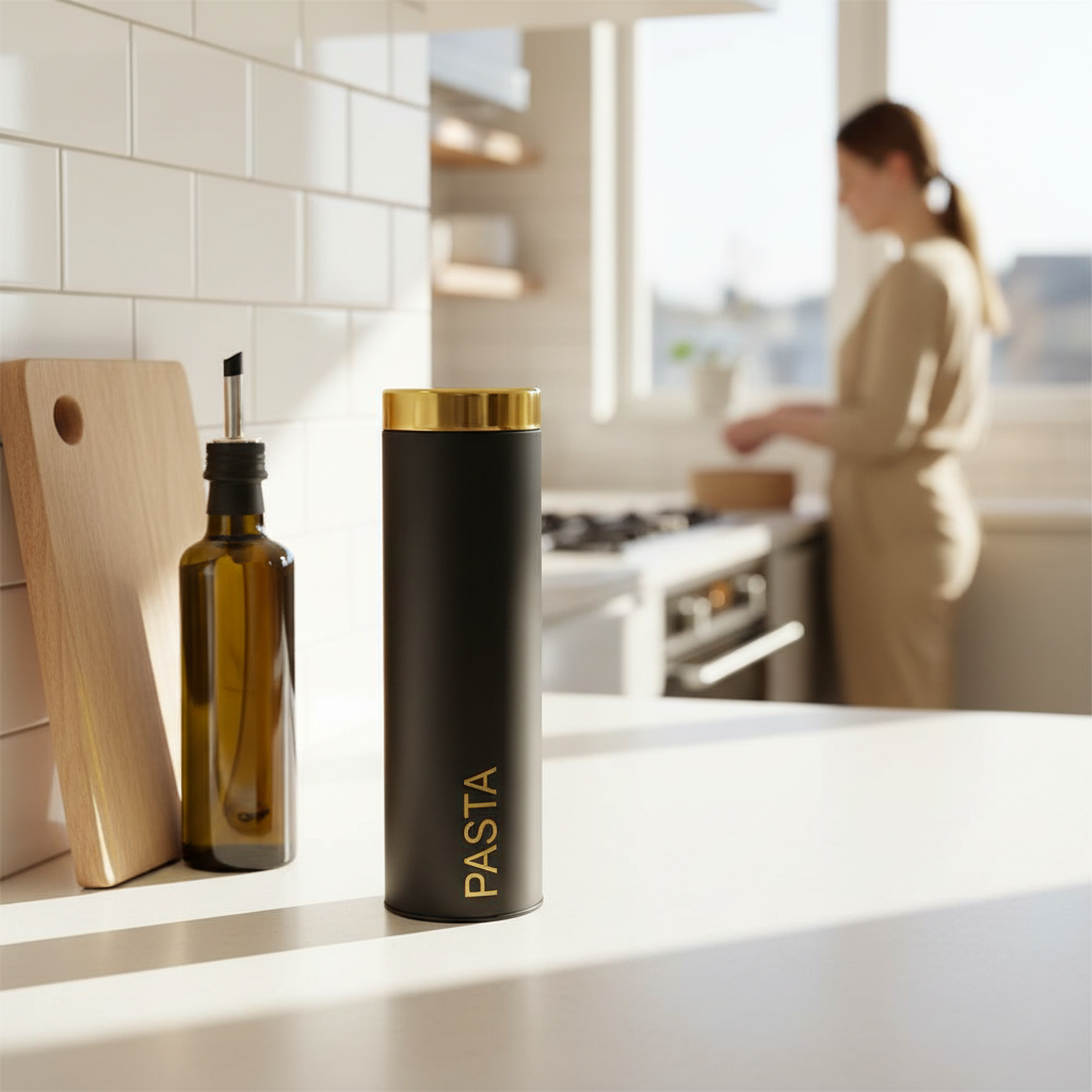 Liberty Black Enamel Pasta Canister With Gold Lid