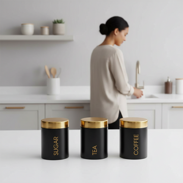 Liberty Set Of 3 Black Enamel Tea Coffee And Sugar Canisters