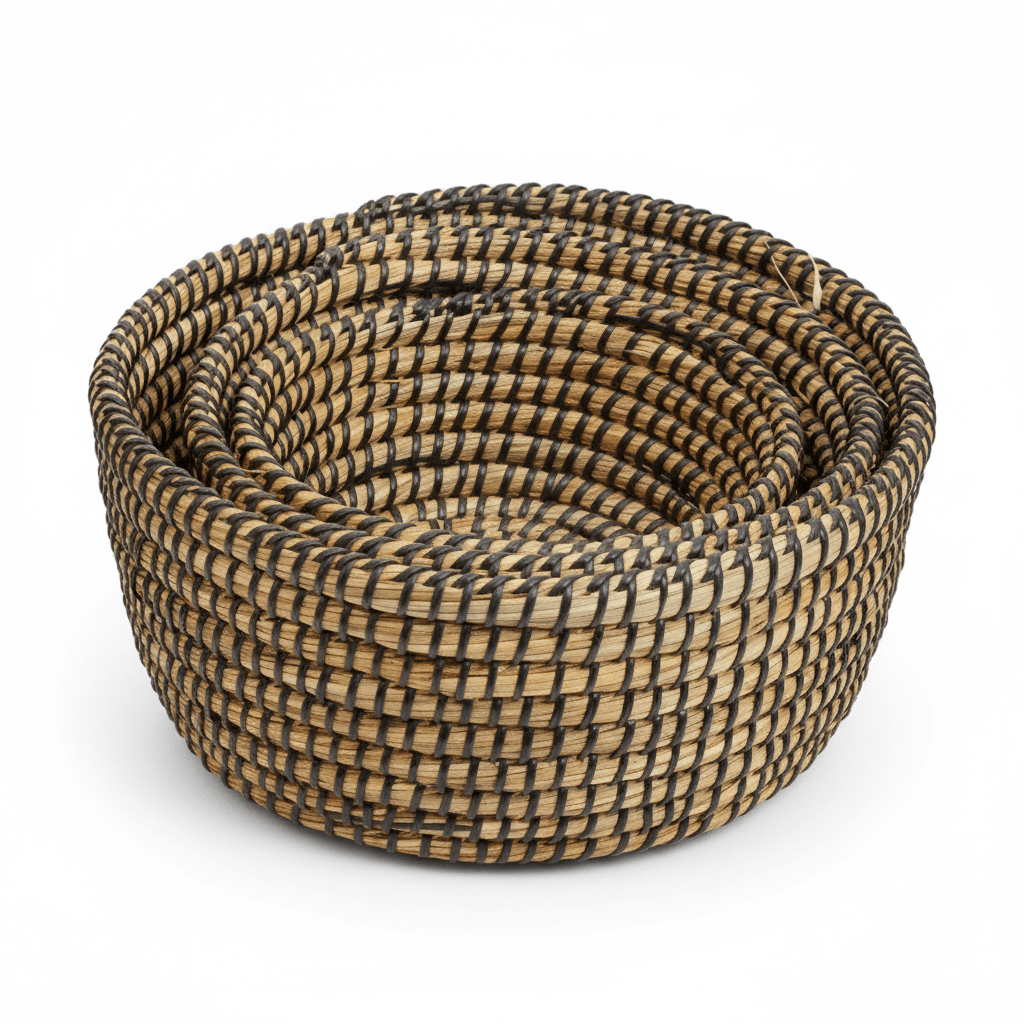 Lidi Set Of Three Straw Baskets With Black Detail