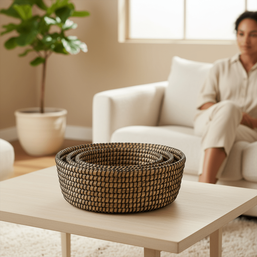Lidi Set Of Three Straw Baskets With Black Detail