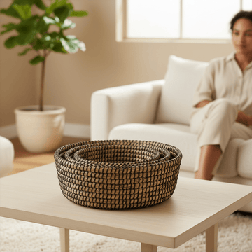 Lidi Set Of Three Straw Baskets With Black Detail