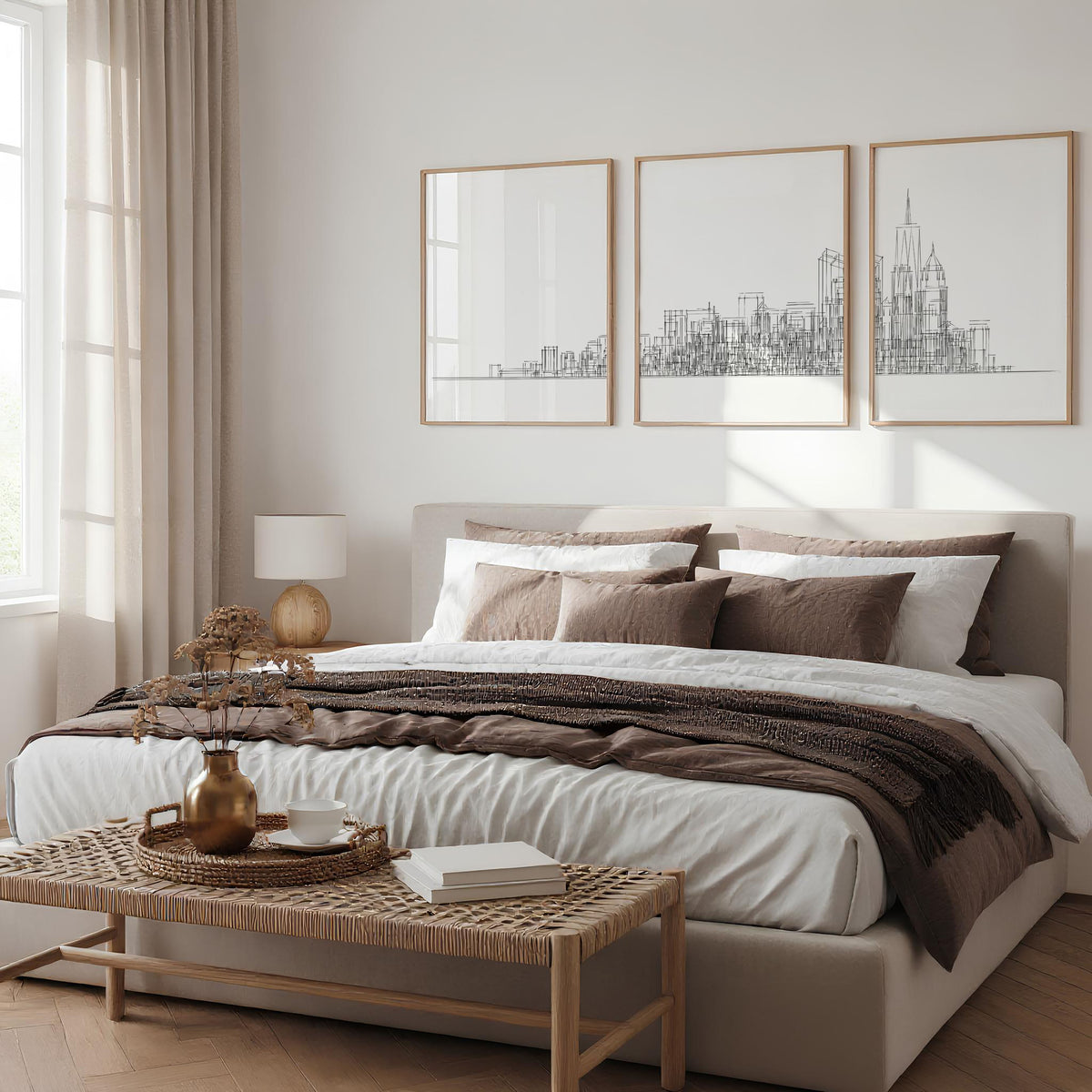 Line Art City Skyline Skyscraper wall art displayed on a wall in a styled room — view 3
