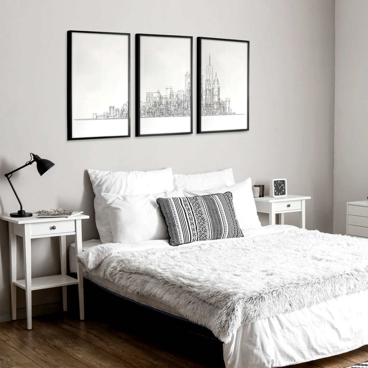 Line Art City Skyline Skyscraper wall art displayed on a wall in a styled room — view 7