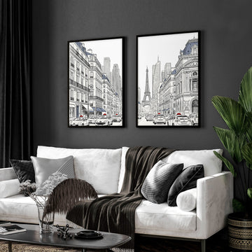 Living Room Art Pictures Paris Street Scene & Eiffel Tower Sketch displayed on a wall in a styled room