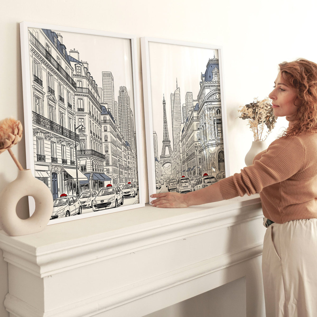 Living Room Art Pictures Paris Street Scene & Eiffel Tower Sketch displayed on a wall in a styled room — view 2