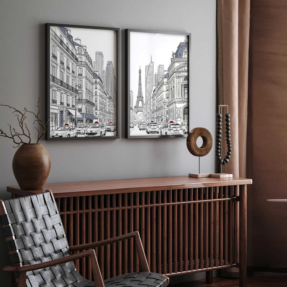 Living Room Art Pictures Paris Street Scene & Eiffel Tower Sketch displayed on a wall in a styled room — view 3