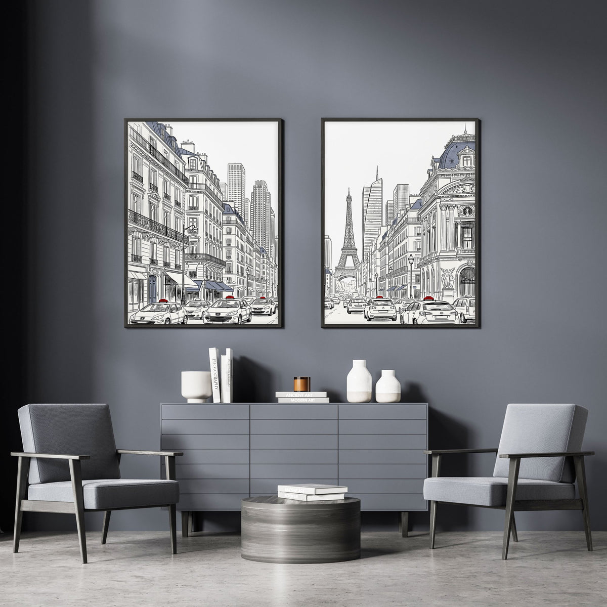 Living Room Art Pictures Paris Street Scene & Eiffel Tower Sketch displayed on a wall in a styled room — view 5