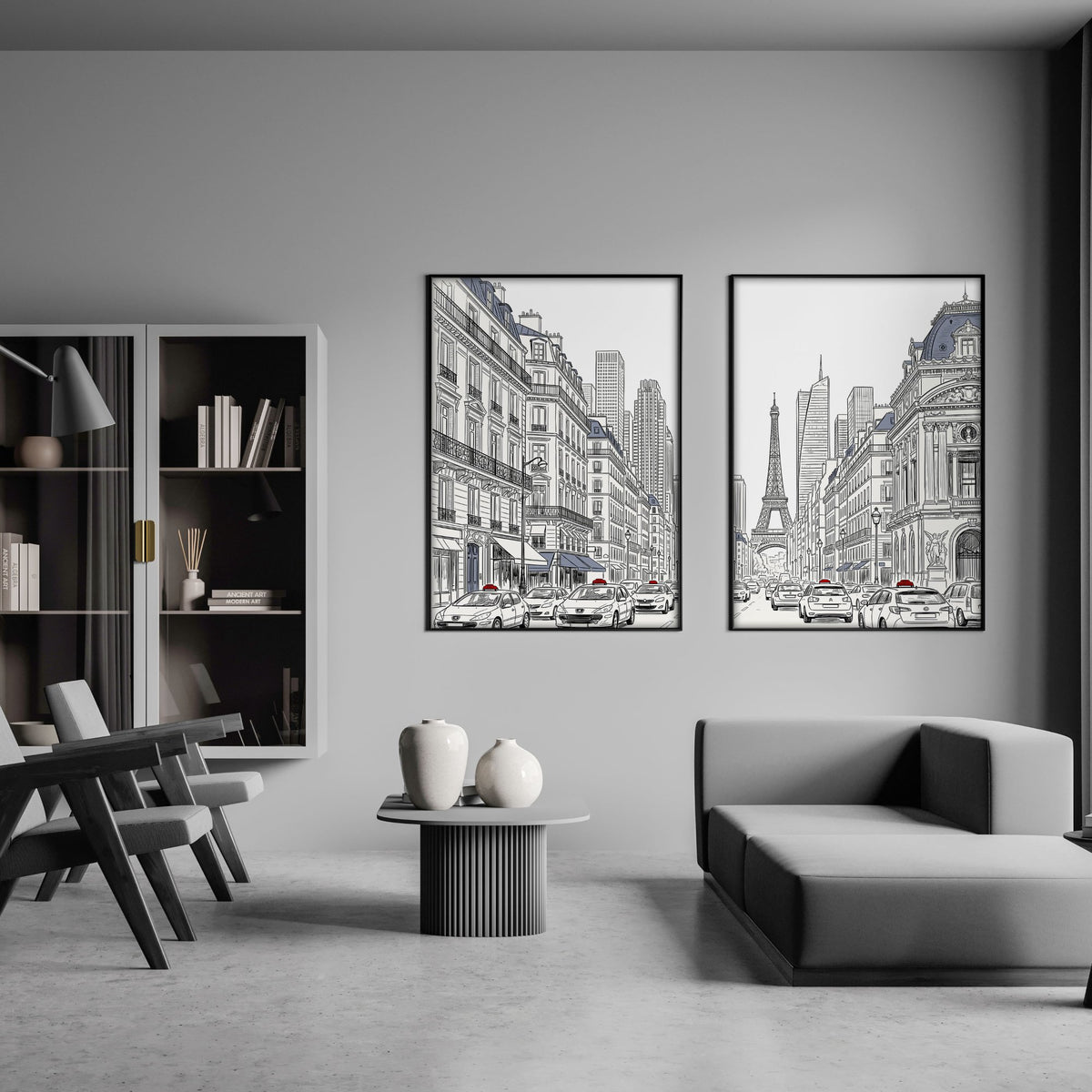 Living Room Art Pictures Paris Street Scene & Eiffel Tower Sketch displayed on a wall in a styled room — view 6