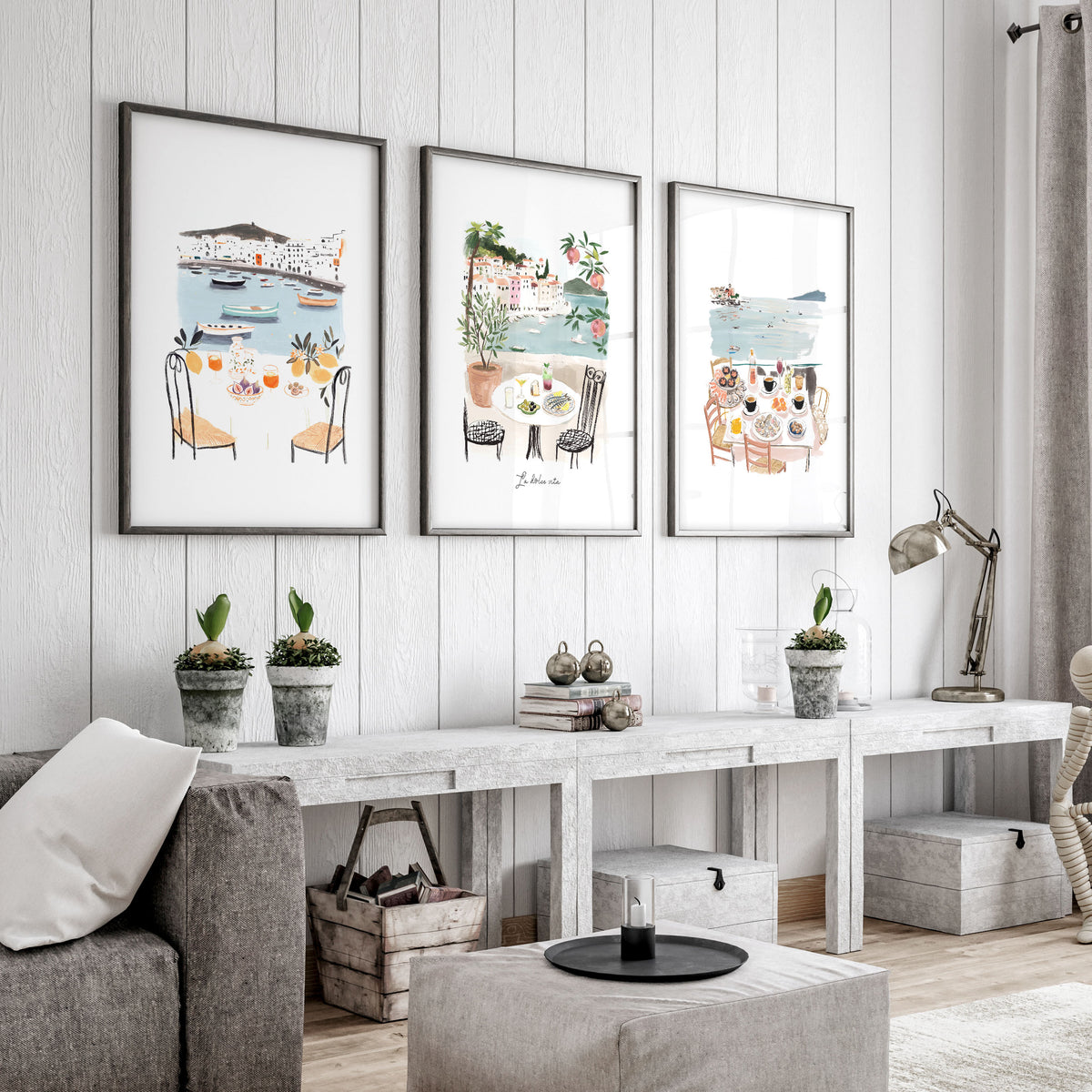 Living Room Artwork Mediterranean Coastal Dining Watercolour "La Dolce Vita" displayed on a wall in a styled room — view 3