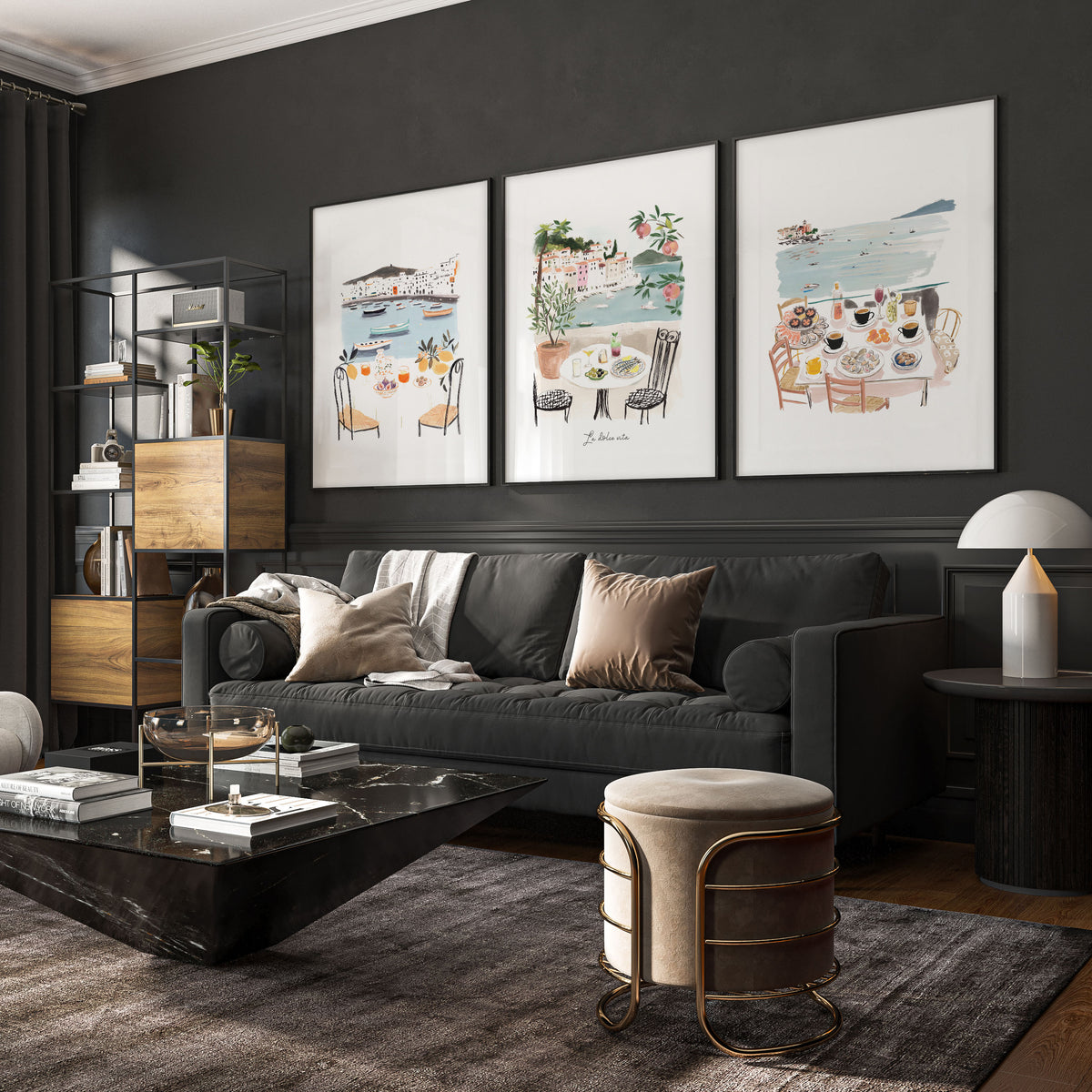Living Room Artwork Mediterranean Coastal Dining Watercolour "La Dolce Vita" displayed on a wall in a styled room — view 4