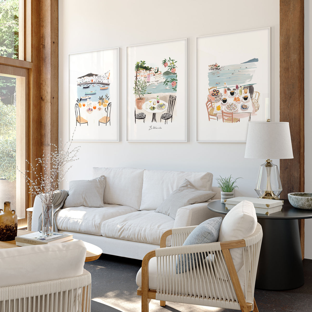 Living Room Artwork Mediterranean Coastal Dining Watercolour "La Dolce Vita" displayed on a wall in a styled room — view 5
