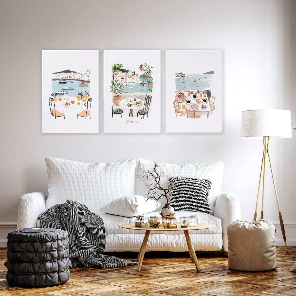 Living Room Artwork Mediterranean Coastal Dining Watercolour "La Dolce Vita" displayed on a wall in a styled room — view 6