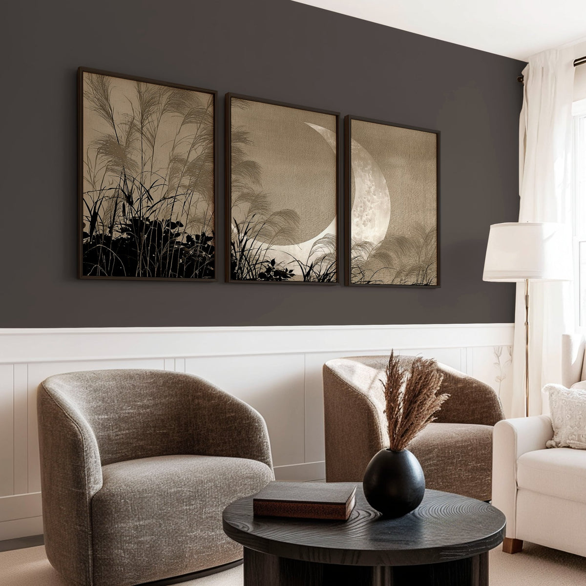 Japandi Crescent Moon & Pampas Grass Living Room Canvas Art displayed on a wall in a styled room