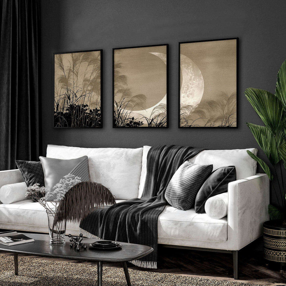Japandi Crescent Moon & Pampas Grass Living Room Canvas Art displayed on a wall in a styled room — view 10