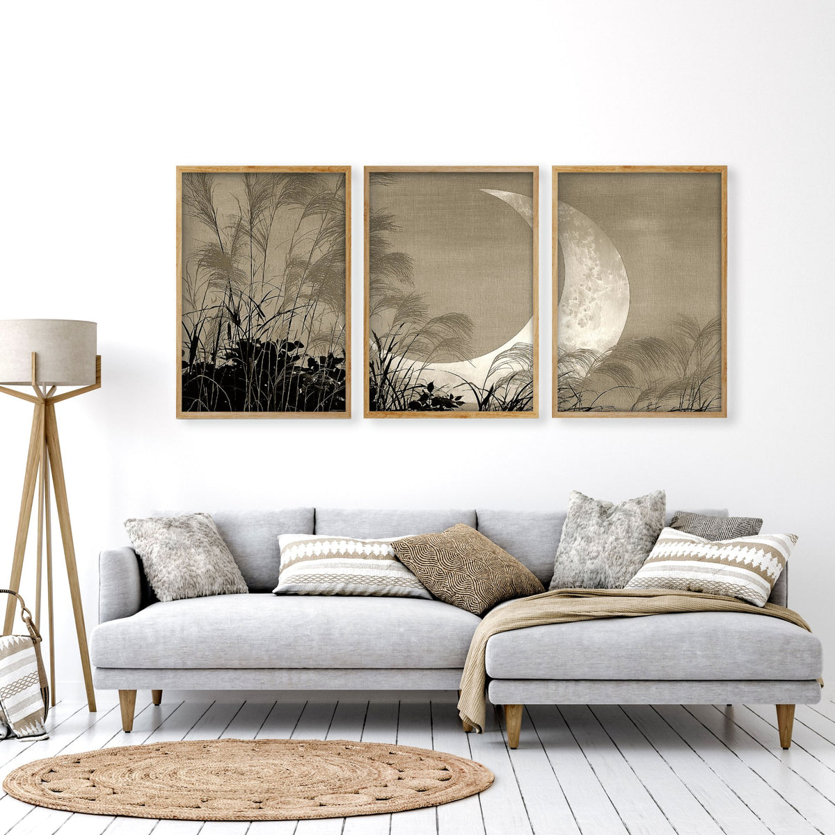 Japandi Crescent Moon & Pampas Grass Living Room Canvas Art displayed on a wall in a styled room — view 11