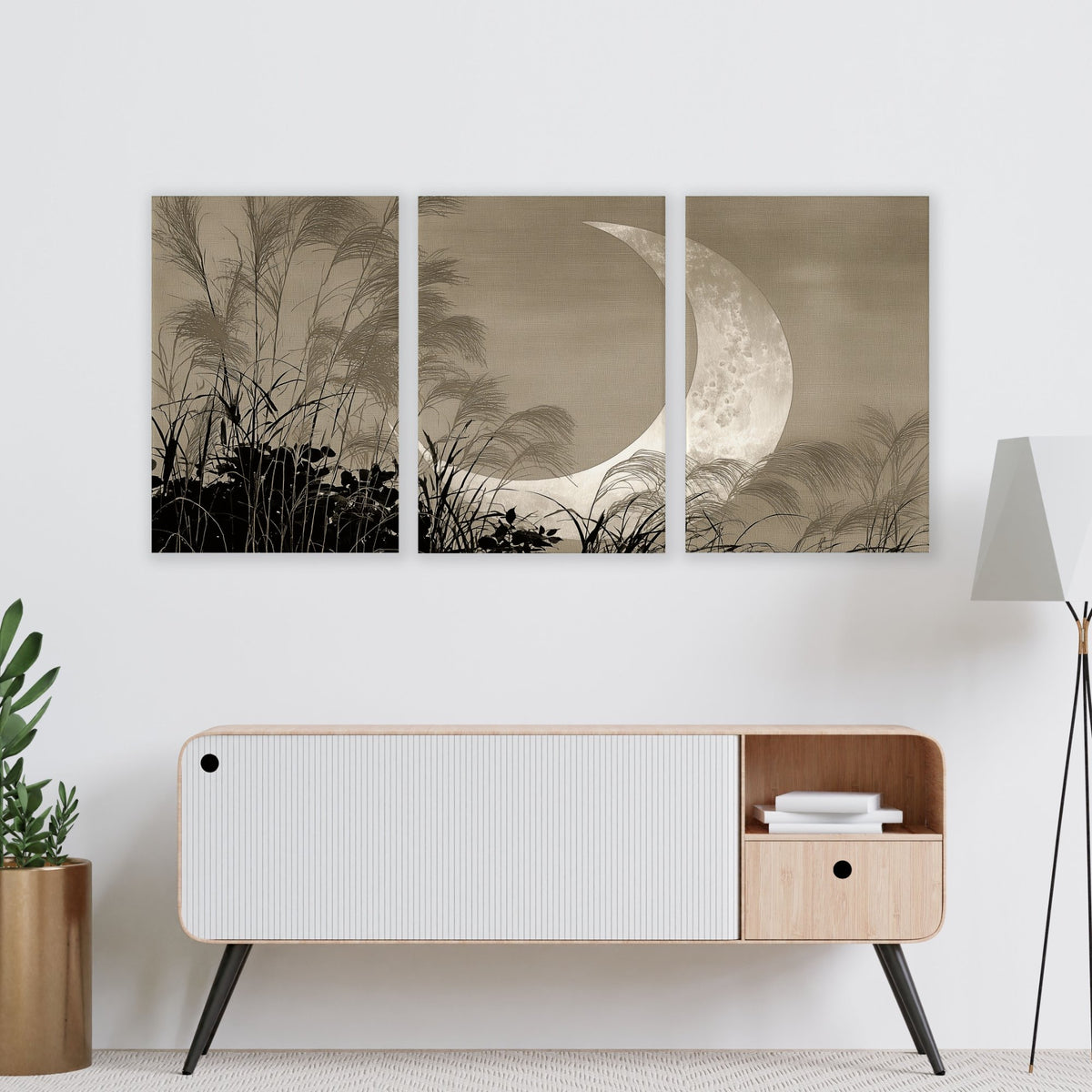 Japandi Crescent Moon & Pampas Grass Living Room Canvas Art displayed on a wall in a styled room — view 12