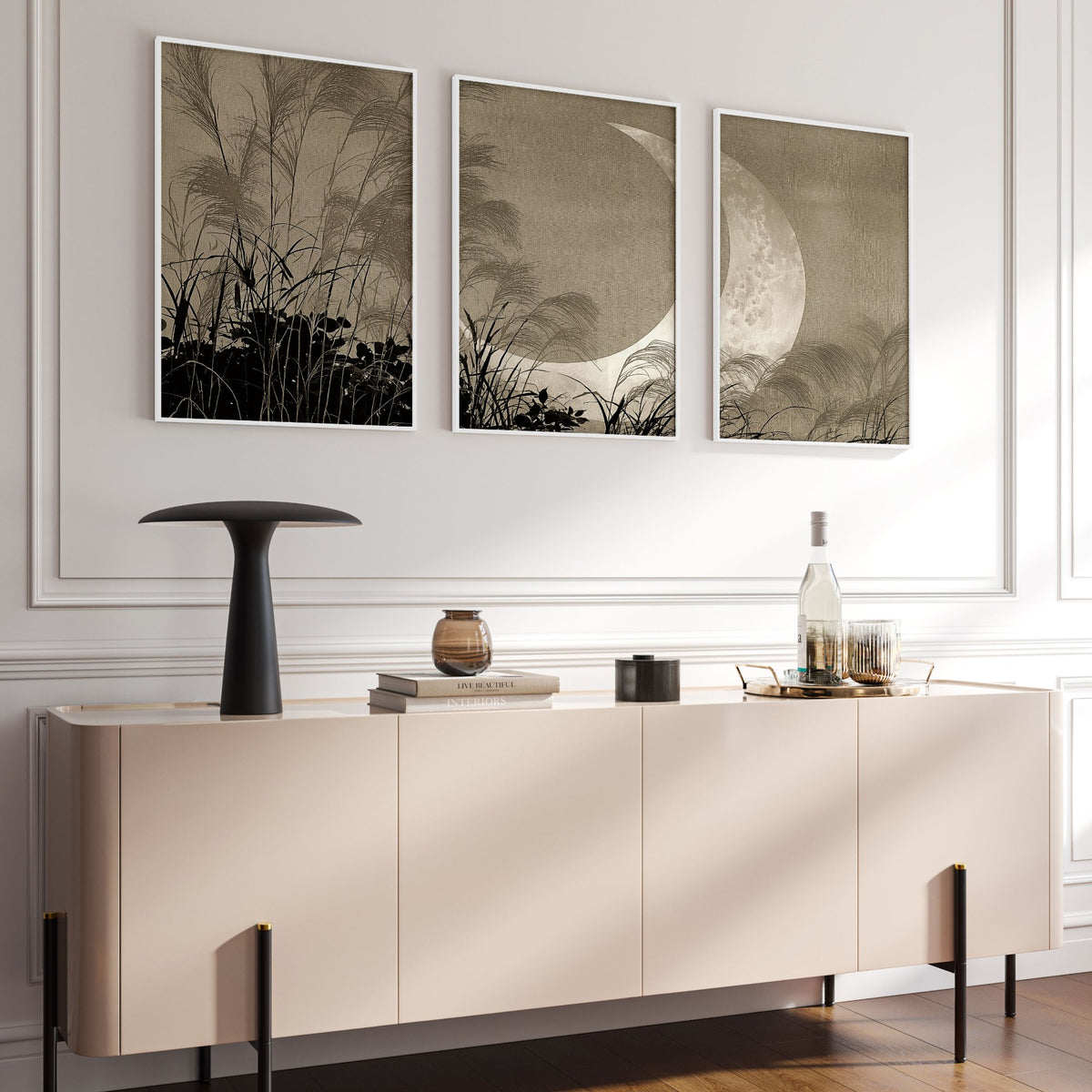 Japandi Crescent Moon & Pampas Grass Living Room Canvas Art displayed on a wall in a styled room — view 16