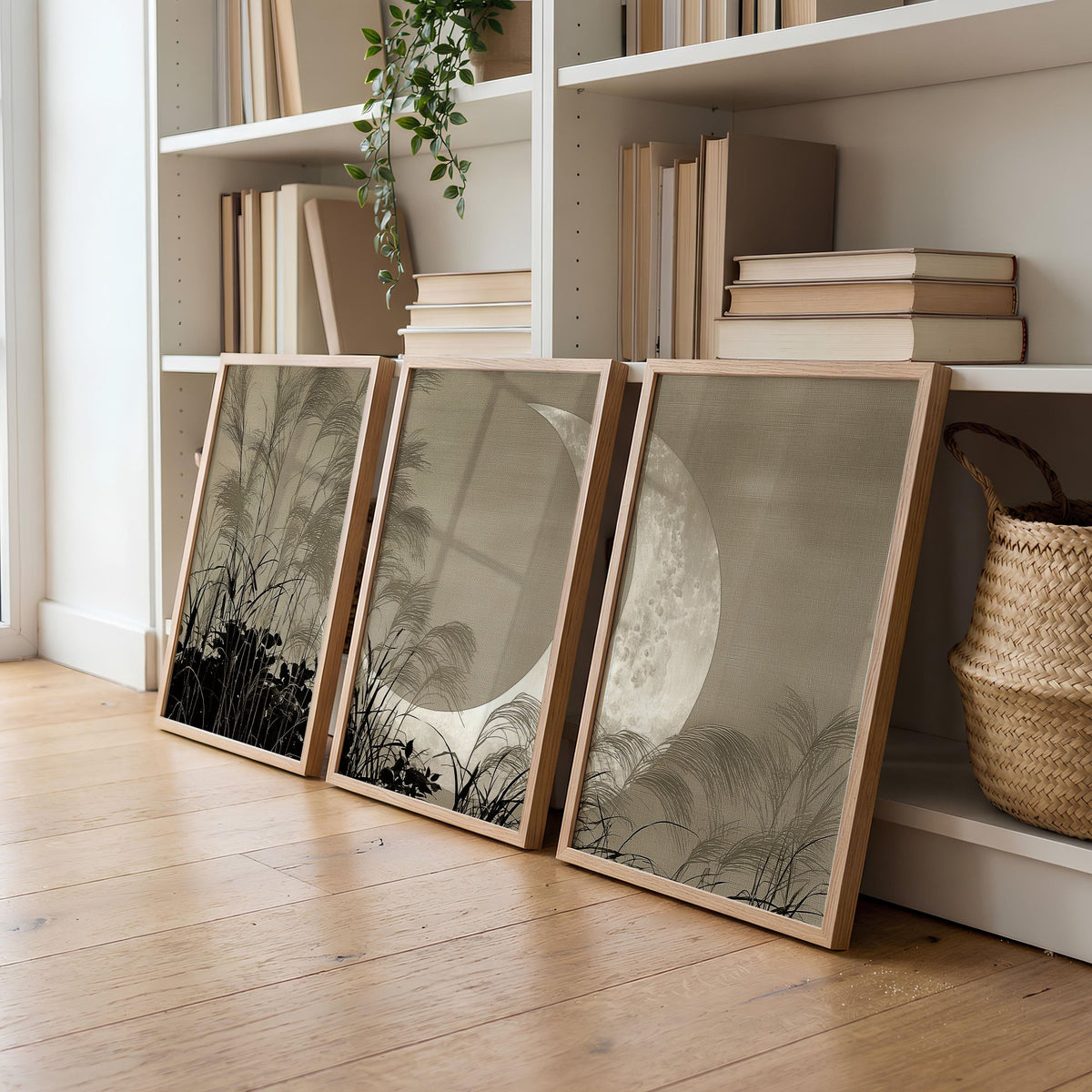 Japandi Crescent Moon & Pampas Grass Living Room Canvas Art displayed on a wall in a styled room — view 2