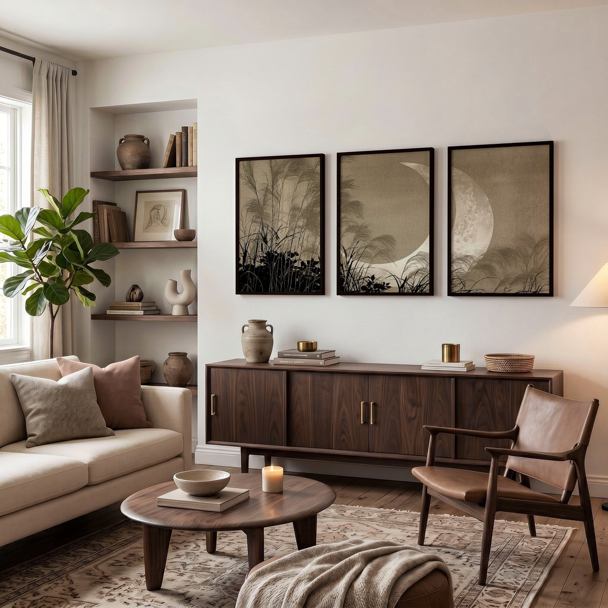 Japandi Crescent Moon & Pampas Grass Living Room Canvas Art displayed on a wall in a styled room — view 3