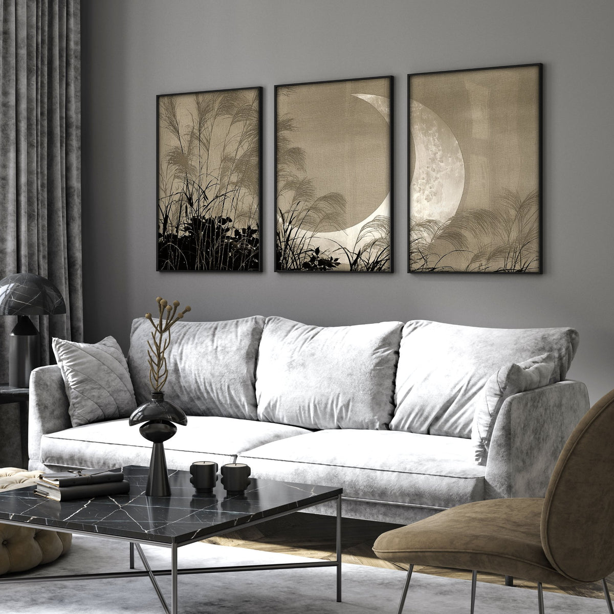 Japandi Crescent Moon & Pampas Grass Living Room Canvas Art displayed on a wall in a styled room — view 4
