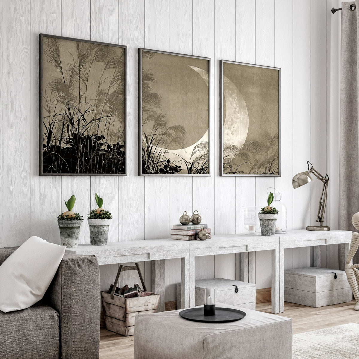 Japandi Crescent Moon & Pampas Grass Living Room Canvas Art displayed on a wall in a styled room — view 5