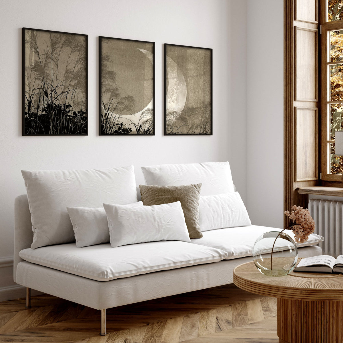 Japandi Crescent Moon & Pampas Grass Living Room Canvas Art displayed on a wall in a styled room — view 6