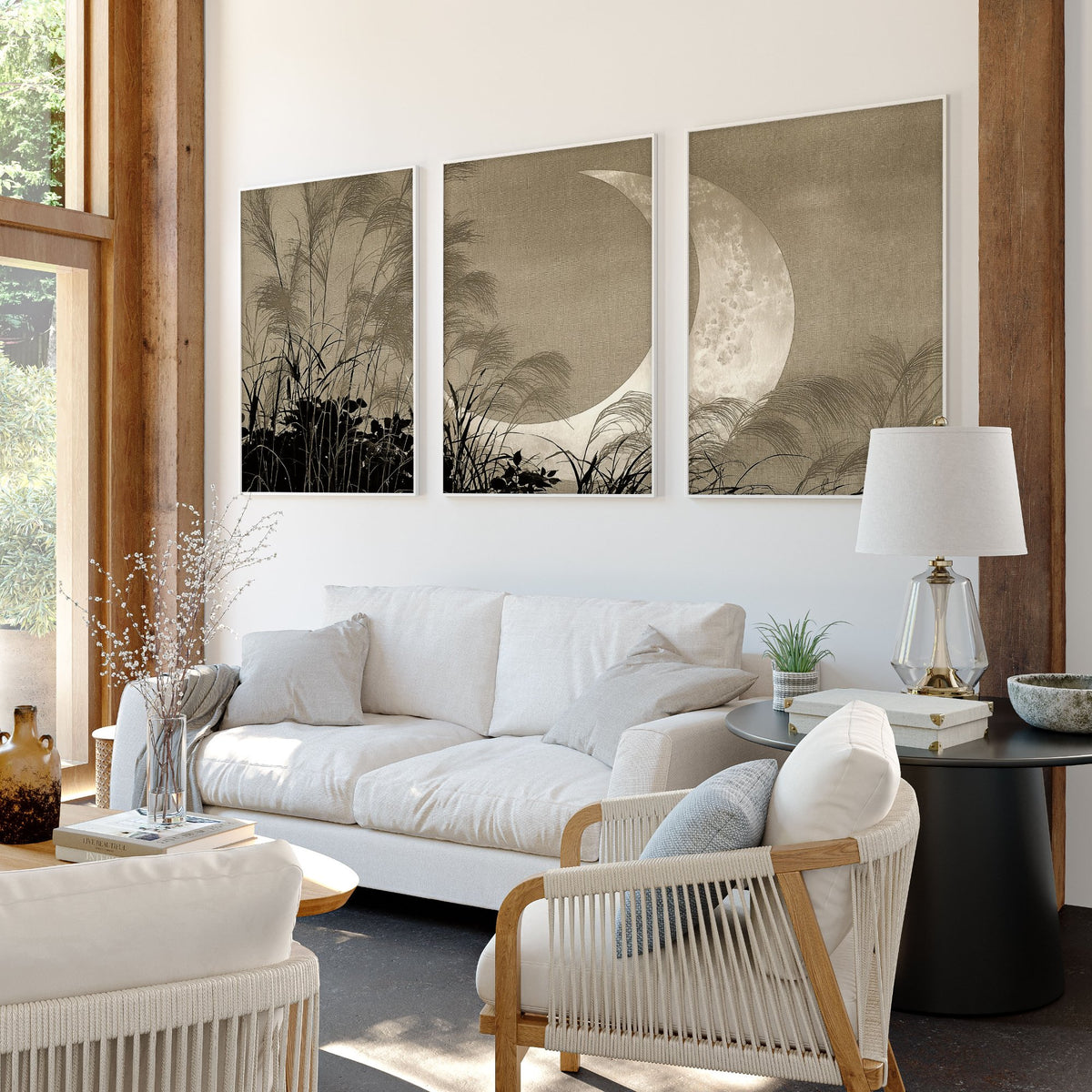 Japandi Crescent Moon & Pampas Grass Living Room Canvas Art displayed on a wall in a styled room — view 8