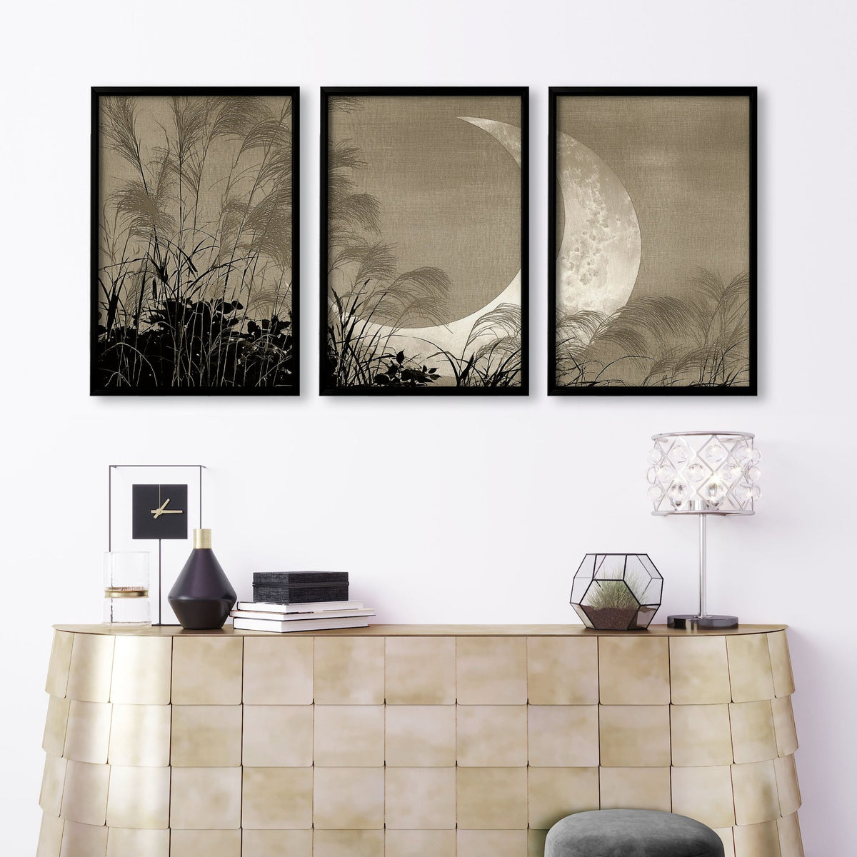 Japandi Crescent Moon & Pampas Grass Living Room Canvas Art displayed on a wall in a styled room — view 9