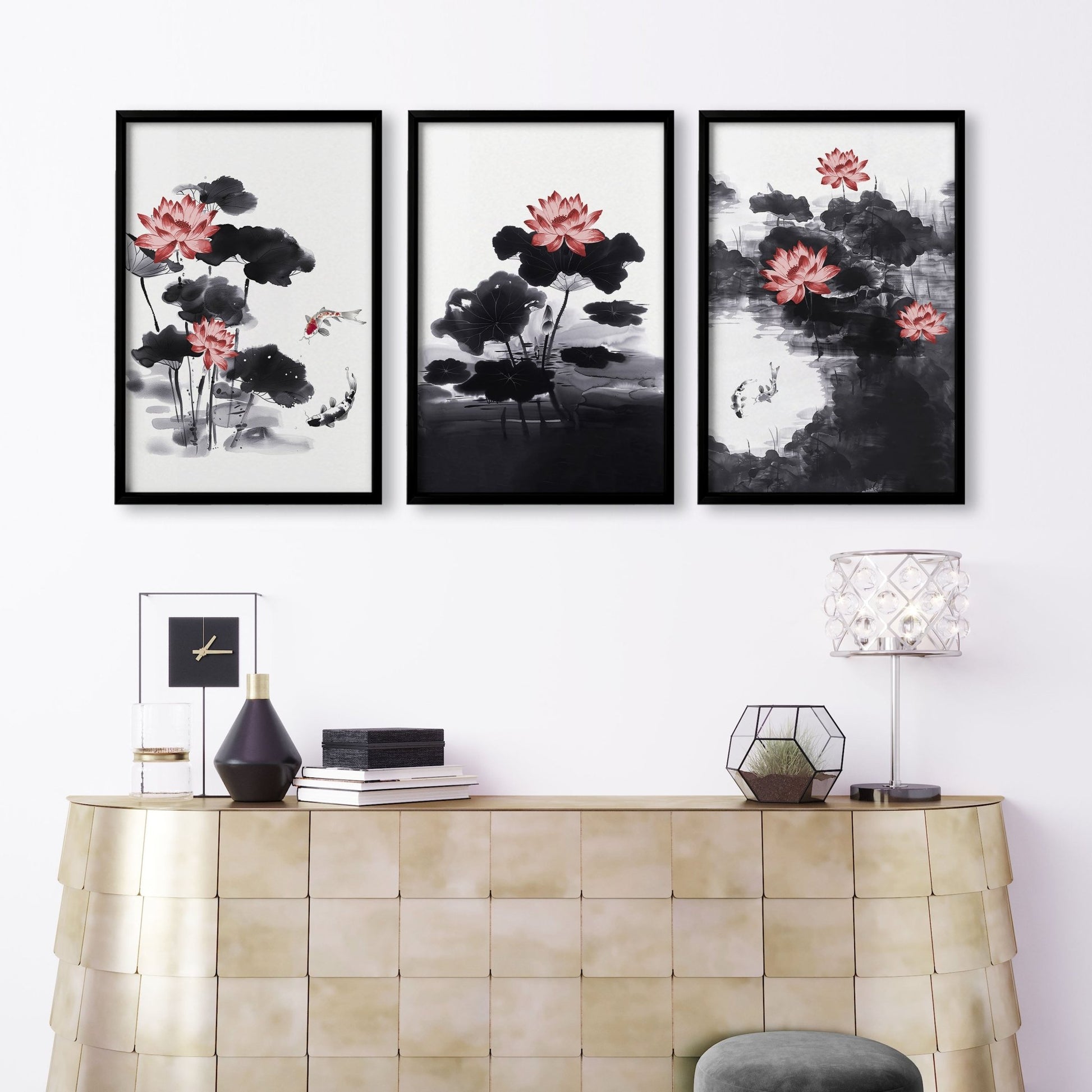 Living Room Canvas | Set of 3 Asian Inspired Wall art Prints