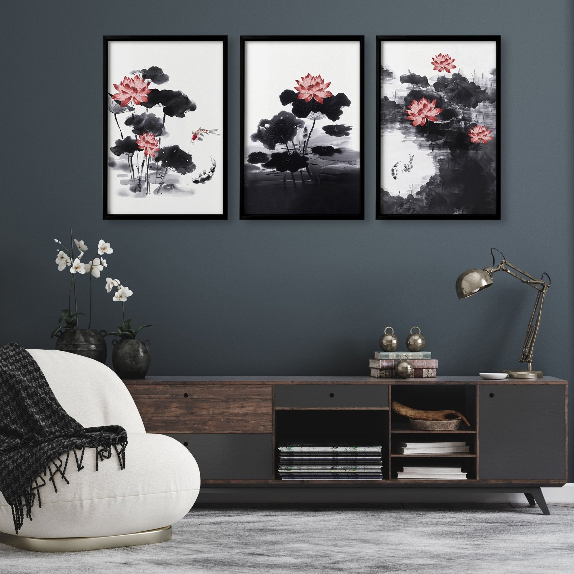Living Room Canvas | Set of 3 Asian Inspired Wall art Prints