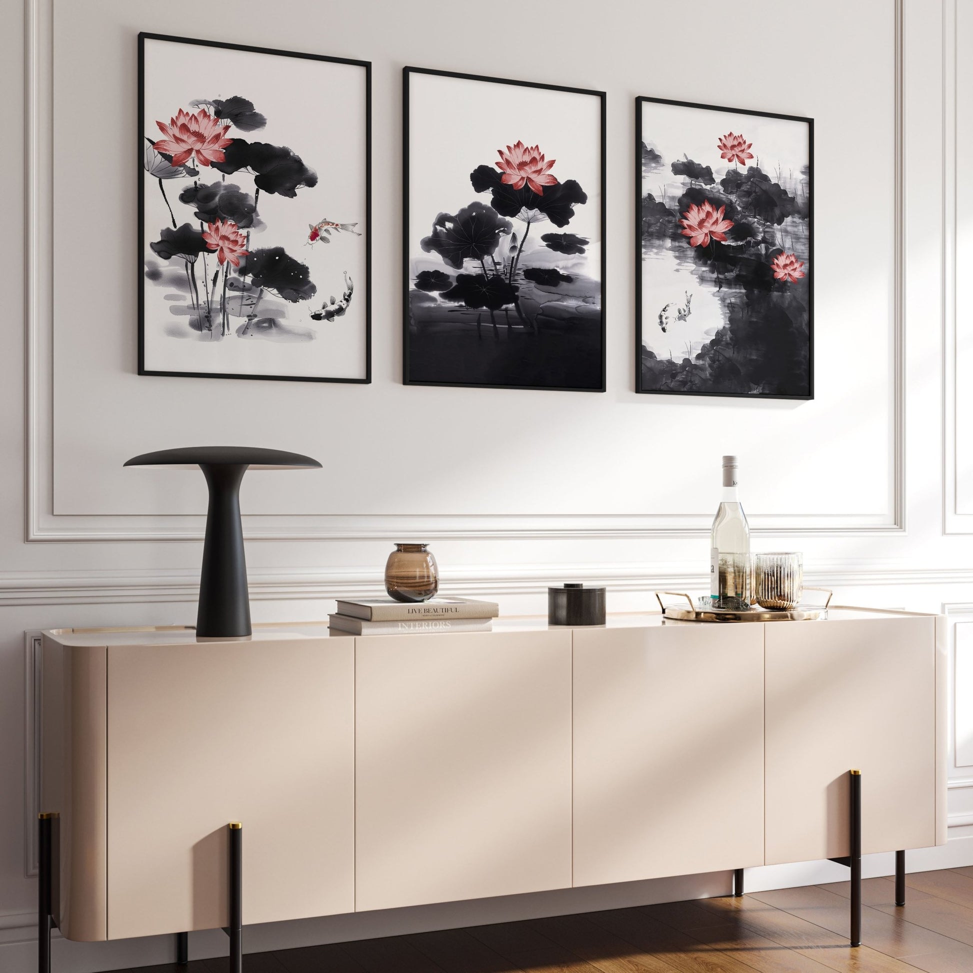 Living Room Canvas | Set of 3 Asian Inspired Wall art Prints