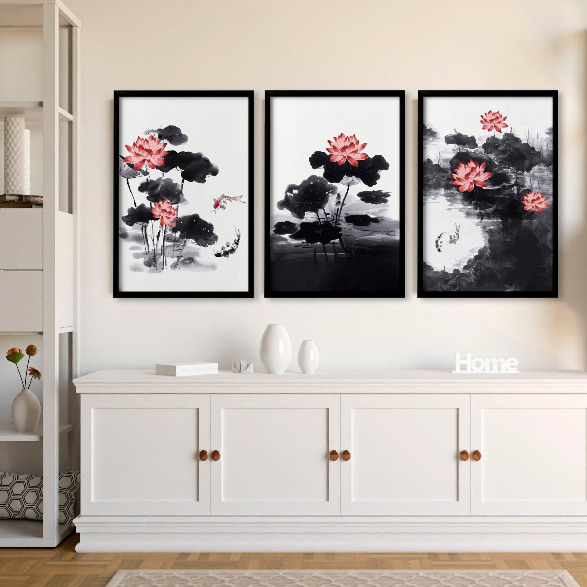 Living Room Canvas | Set of 3 Asian Inspired Wall art Prints