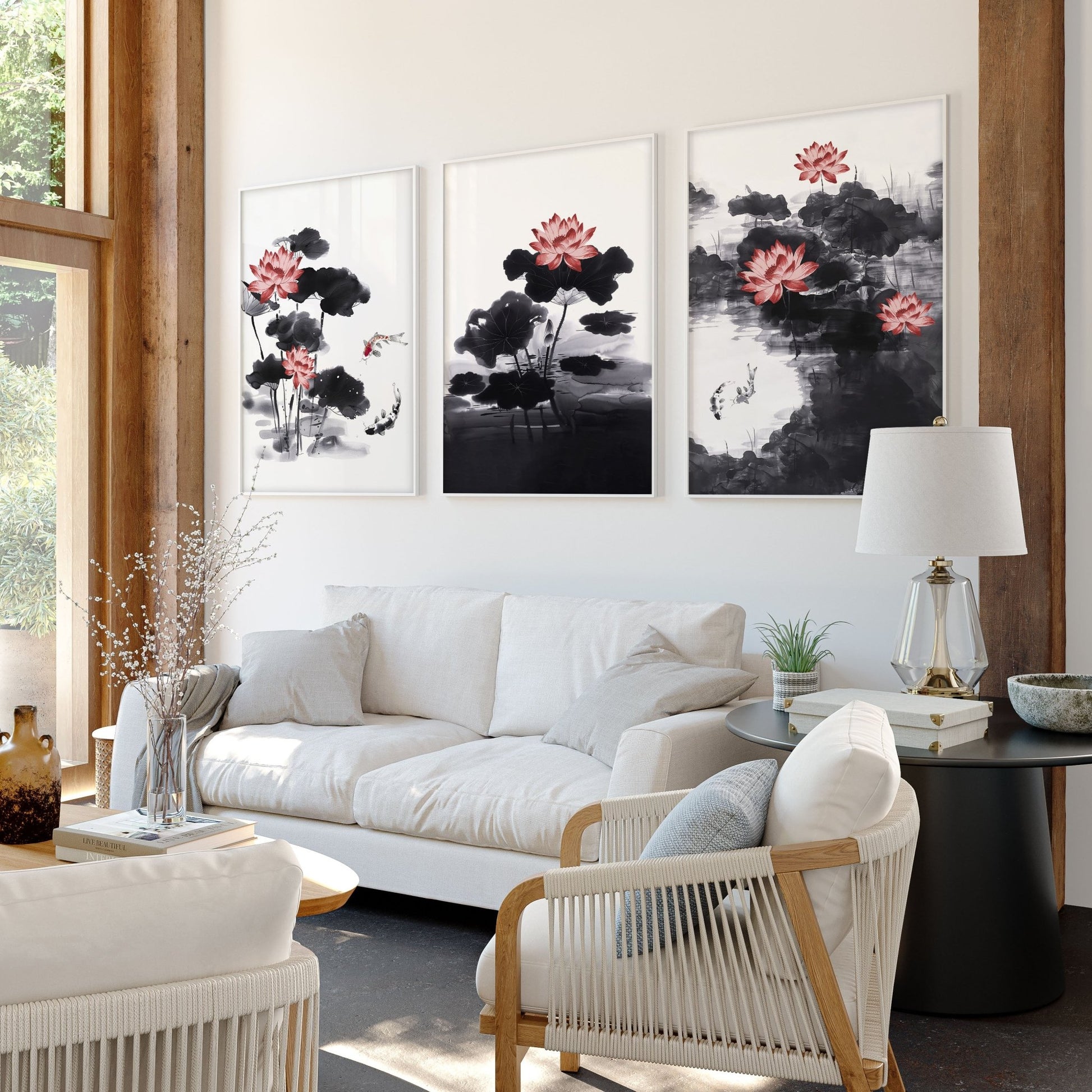 Living Room Canvas | Set of 3 Asian Inspired Wall art Prints