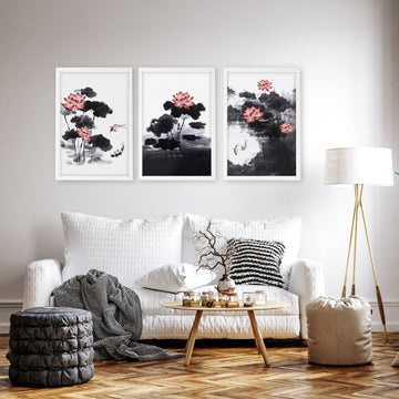 Living Room Canvas | Set of 3 Asian Inspired Wall art Prints
