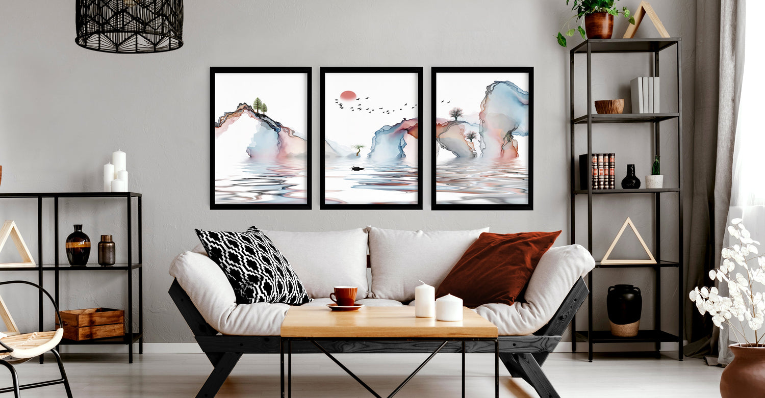 Styled living room with framed wall art and warm home decor accents