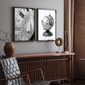 Living Room Framed Wall Art Vintage Sundial & Antique Globe Black & White wall art displayed on a wall in a styled room